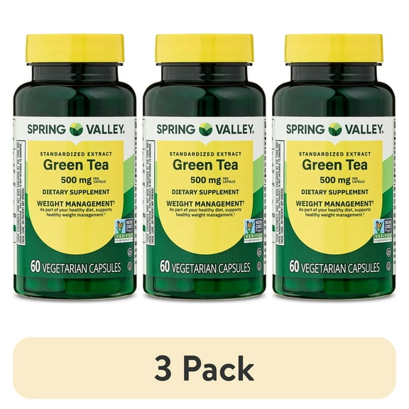 (3 pack) Spring Valley Standardized Extract Green Tea Dietary Supplement Vegetarian Capsules for Weight Management, 500 mg, 60 Count