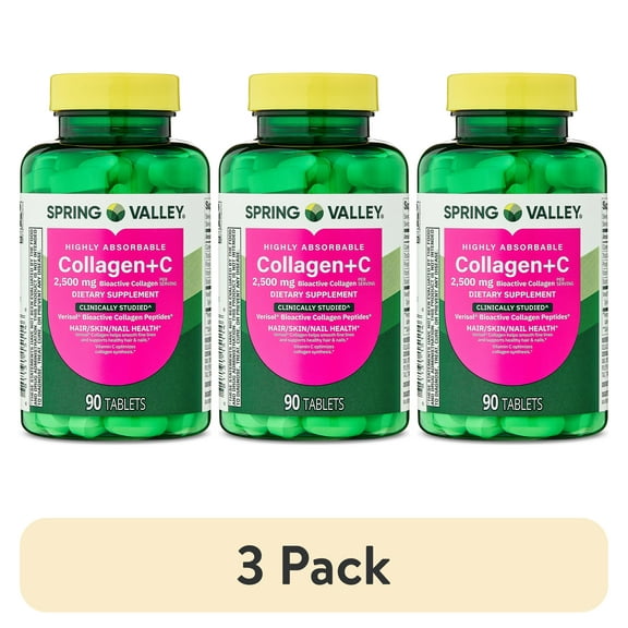 (3 pack) Spring Valley Highly Absorbable Collagen + C Tablets for Hair/Skin/Nail Health, 2,500 mg, 90 Count