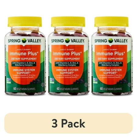 (3 pack) Spring Valley Immune Plus Dietary Supplement Vegetarian Gummies for Immune System Support, Elderberry, 60 Count
