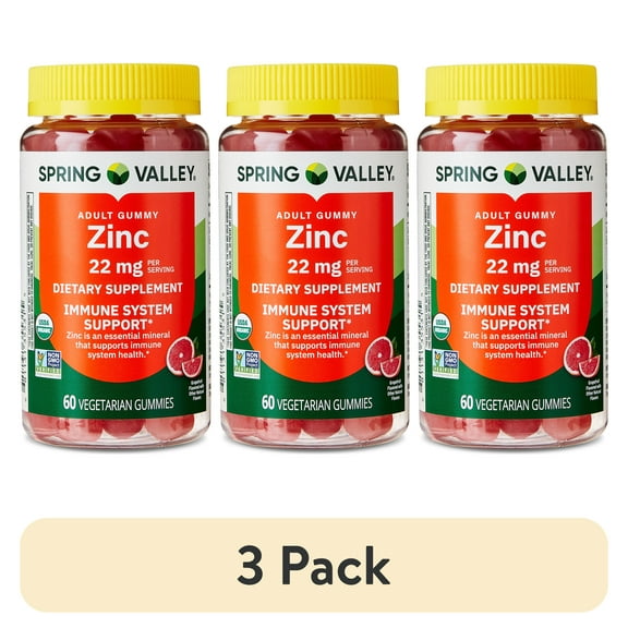 (3 pack) Spring Valley Immune System Support Zinc Supplement Gummies, Grapefruit, 22 mg, 60 Count