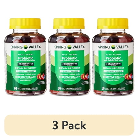 (3 pack) Spring Valley Probiotic with Prebiotic from Inulin Vegetarian Gummies for Digestive Health, Assorted Flavors, 3 Billion CFU, 60 Count