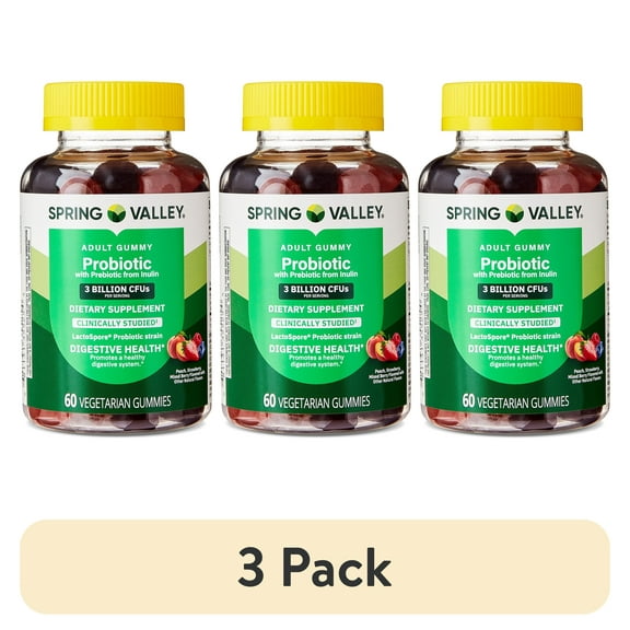 (3 pack) Spring Valley Probiotic with Prebiotic from Inulin Vegetarian Gummies for Digestive Health, Assorted Flavors, 3 Billion CFU, 60 Count