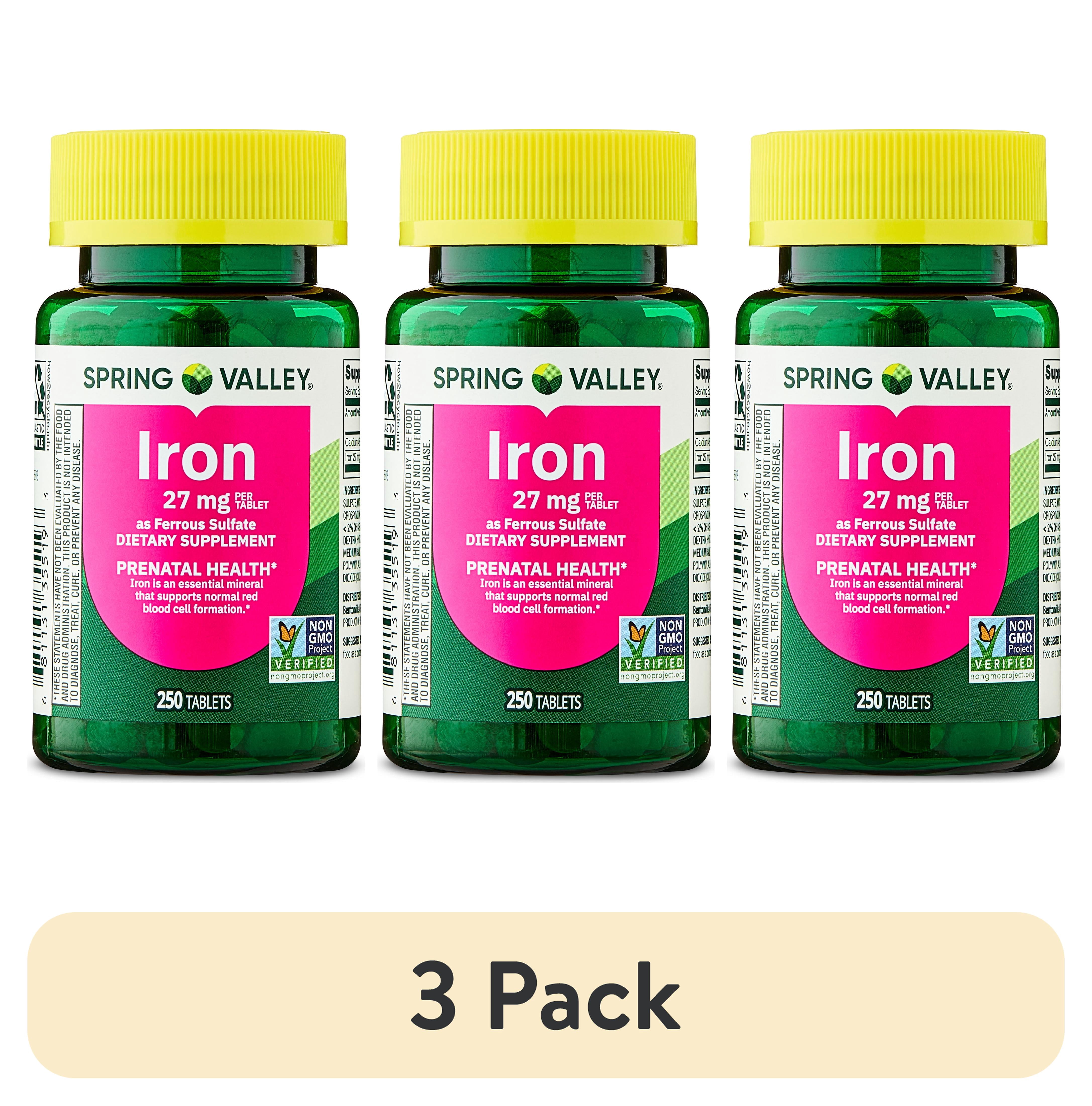 (3 pack) Spring Valley Iron Prenatal Health Dietary Supplement Tablets, 27 mg, 250 Count