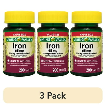 (3 pack) Spring Valley General Health & Wellness Iron Tablets Dietary Supplement Value Size, 65 mg, 200 Count