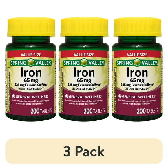 (3 pack) Spring Valley General Health & Wellness Iron Tablets Dietary Supplement Value Size, 65 mg, 200 Count