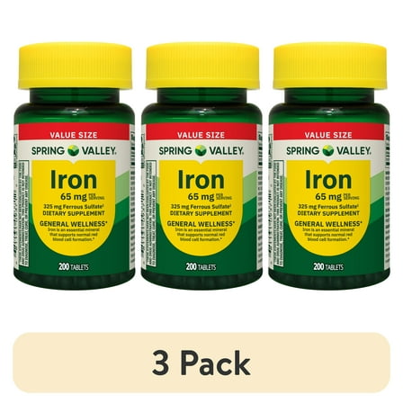 (3 pack) Spring Valley General Health & Wellness Iron Tablets Dietary Supplement Value Size, 65 mg, 200 Count