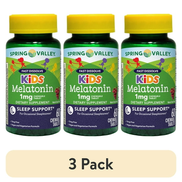 (3 pack) Spring Valley Kids Melatonin Chewable Tablets Sleep Support Dietary Supplement, Grape Flavor, 1 mg, 60 Count