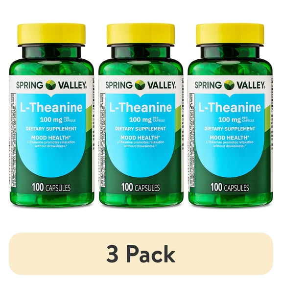 (3 pack) Spring Valley L-Theanine Dietary Supplement Capsules for Mood Support, 100 mg, 100 Count