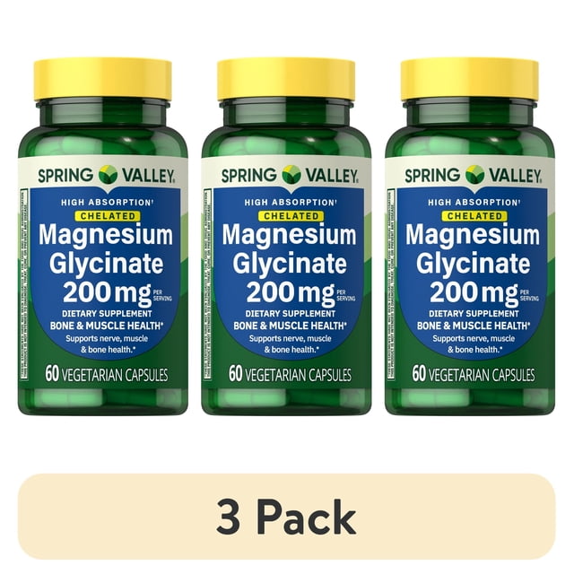 Spring Support Packing (3 pack) Spring Valley Magnesium Glycinate 200 mg, 60 Capsules ...