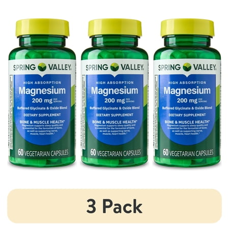(3 pack) Spring Valley Magnesium Sleep Support Bone & Joint Health Dietary Supplement Vegetarian Capsules, 200 mg, 60 Count