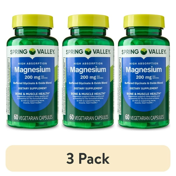 (3 pack) Spring Valley Magnesium Sleep Support Bone & Joint Health Dietary Supplement Vegetarian Capsules, 200 mg, 60 Count