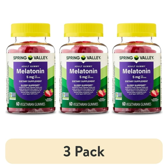 (3 pack) Spring Valley Melatonin Pectin Dietary Supplement Gummies, Strawberry, 5 mg, 60 Count