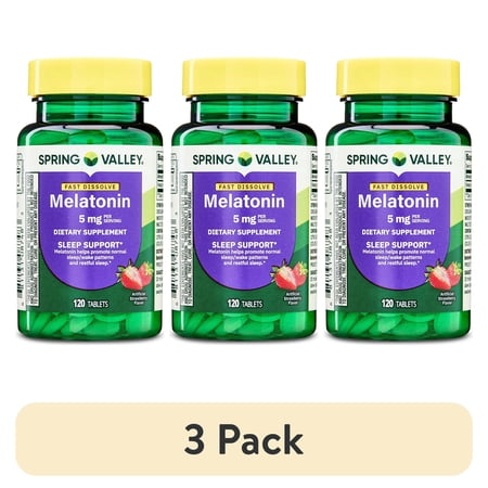 (3 pack) Spring Valley Fast-Dissolve Melatonin Sleep Support Dietary Supplement Tablets, Strawberry, 5 mg, 120 Count