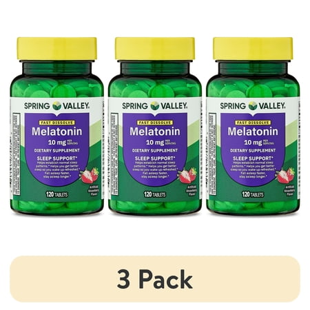 (3 pack) Spring Valley Fast-Dissolve Melatonin Sleep Support Dietary Supplement Tablets, Strawberry, 10 mg, 120 Count