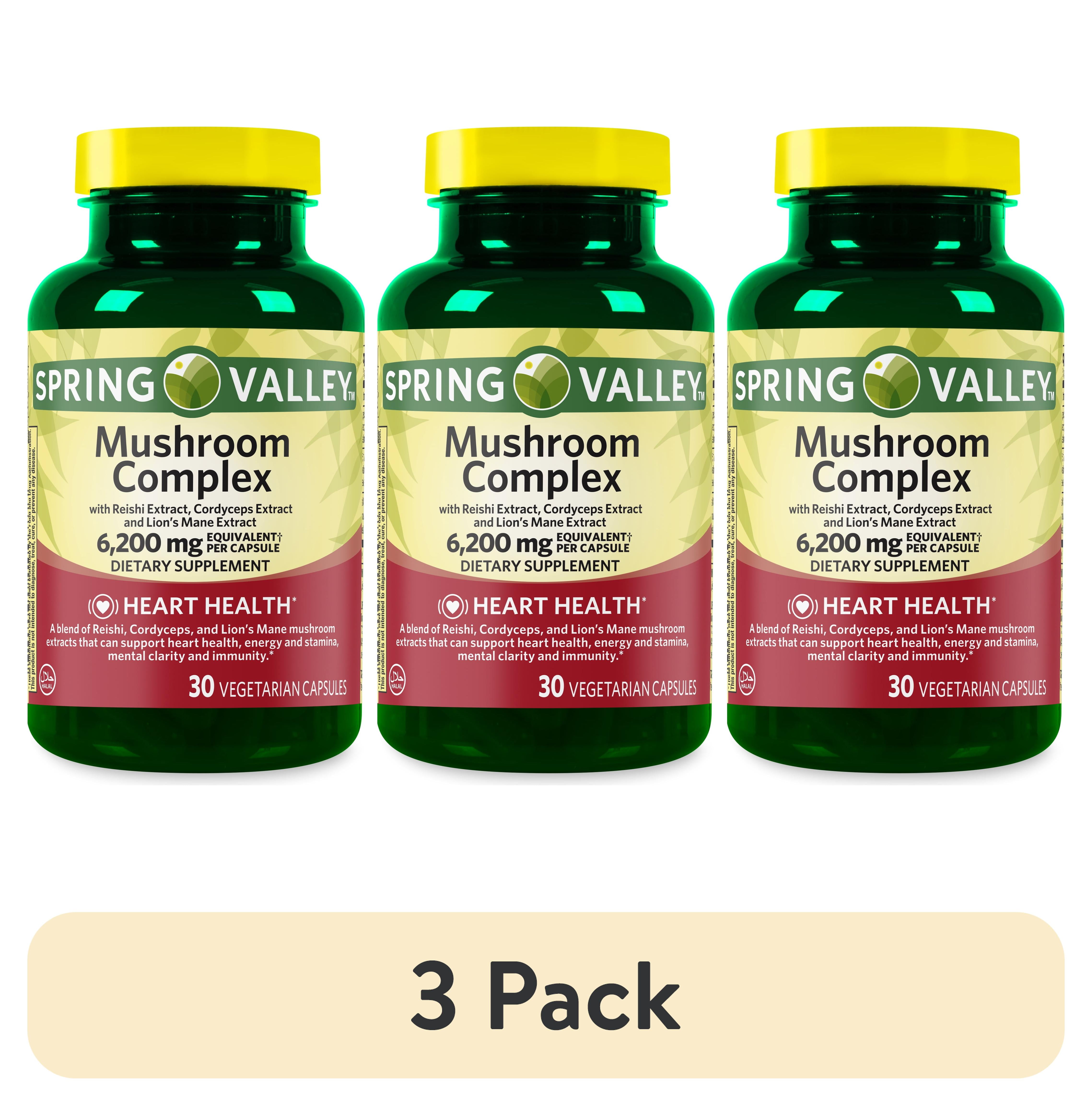 (3 pack) Spring Valley Mushroom Complex Dietary Supplement Vegetarian Capsules for Heart Health, 6,200 mg, 30 Count