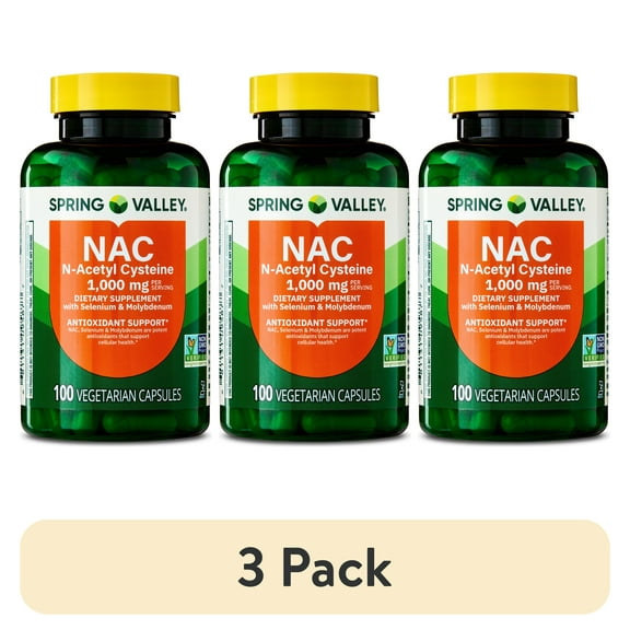 (3 pack) Spring Valley NAC, 1,000 mg Vegetarian Capsules, Immune Support Dietary Supplement, 100 Count