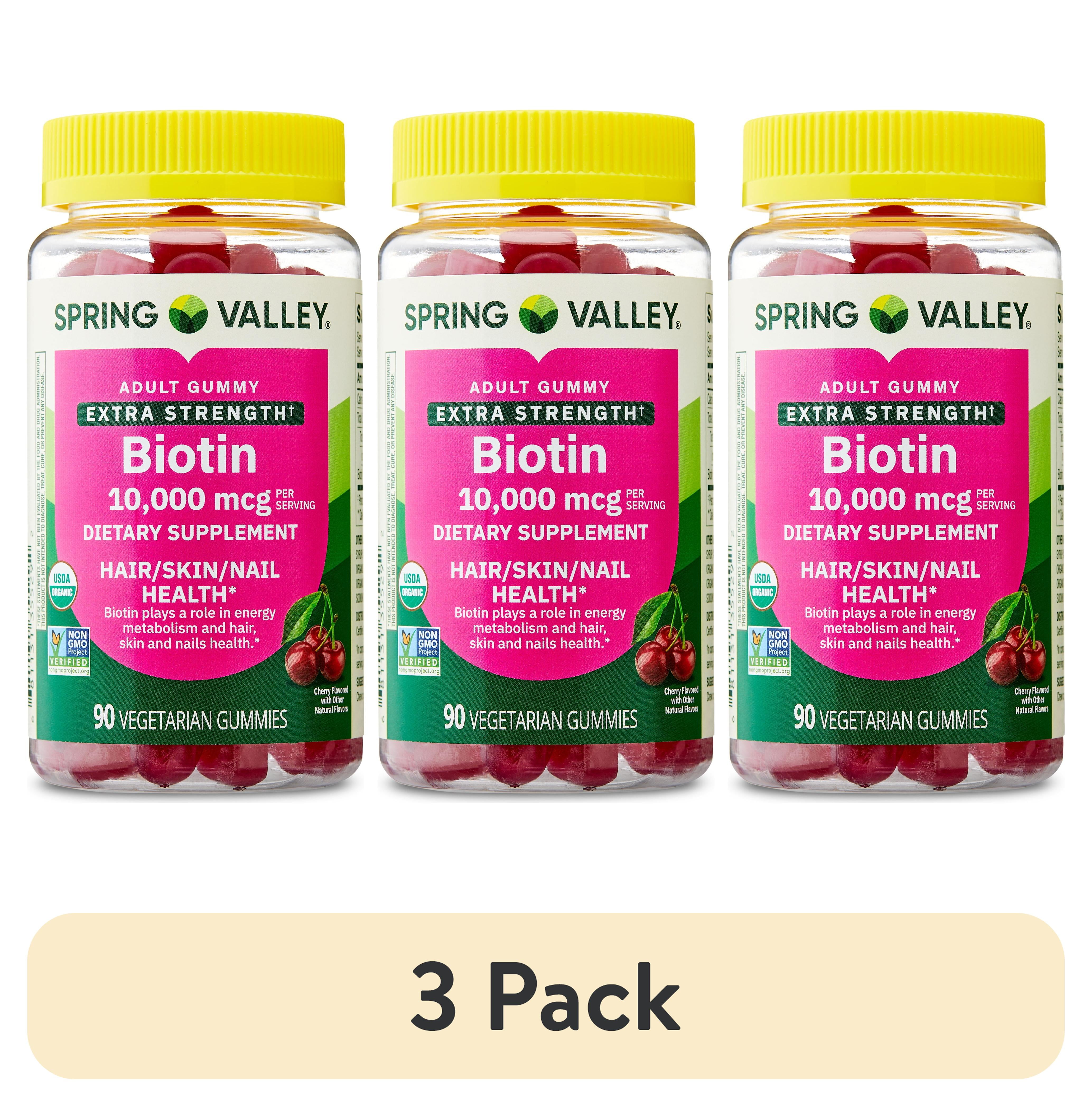 (3 pack) Spring Valley Organic Extra Strength Biotin Vegetarian Gummies for Hair/Skin/Nail Health, Cherry, 10000 mcg, 90 Count