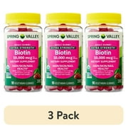 3 pack Spring Valley Organic Extra Strength Biotin Vegetarian Gummies for Hair/Skin/Nail Health, Cherry, 10000 mcg, 90 Count