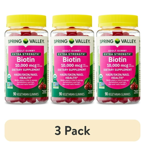 (3 pack) Spring Valley Organic Extra Strength Biotin Vegetarian Gummies for Hair/Skin/Nail Health, Cherry, 10000 mcg, 90 Count