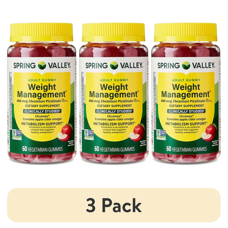3 pack) Spring Valley Weight Management Vegetarian Gummy for Metabolism Support, Chromium Picolinate 400mcg, 60ct Natural Apple Flavor