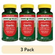 (3 pack) Spring Valley Odor-Controlled Garlic Dietary Supplement Softgels for Heart Health, 1000 mg, 200 Count