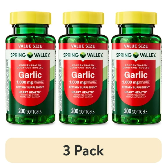 (3 pack) Spring Valley Odor-Controlled Garlic Dietary Supplement Softgels for Heart Health, 1000 mg, 200 Count