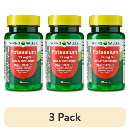 (3 pack) Spring Valley Potassium Dietary Supplement Caplets for Heart Health, 99 mg, 100 Count