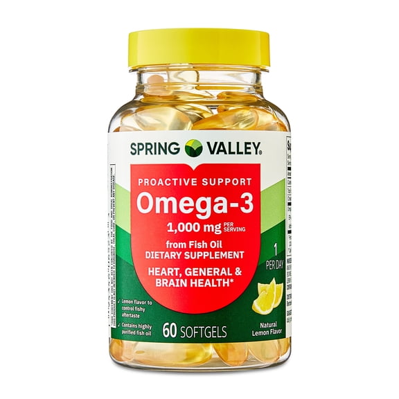 (3 pack) Spring Valley Proactive Support Omega-3 Fish Oil Dietary Supplement Softgels for Heart/General/Brain Health, 1000 mg, 60 Count