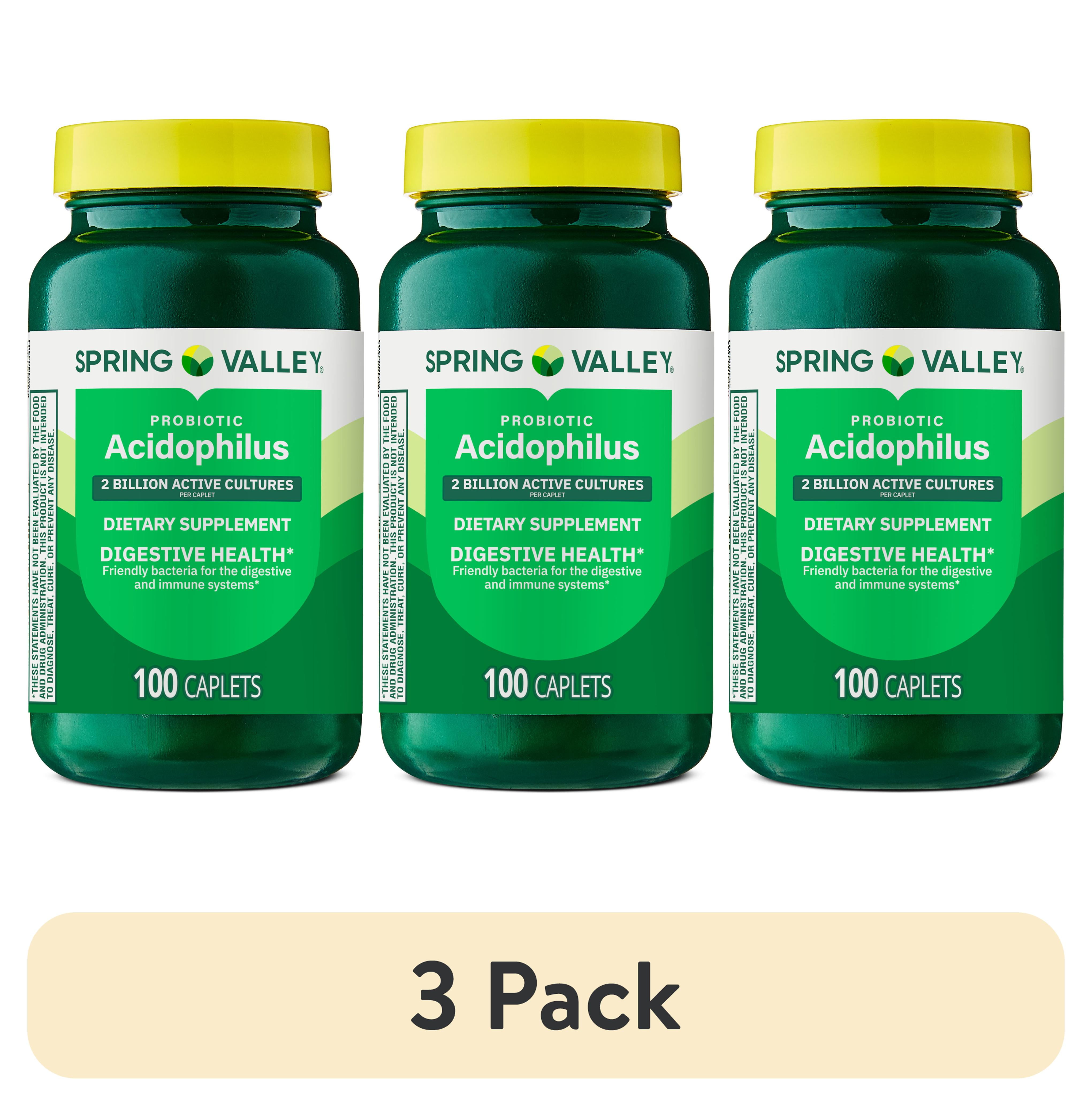 (3 pack) Spring Valley Probiotic Acidophilus Caplets for Digestive Health, 2 Billion Active Cultures, 100 Count