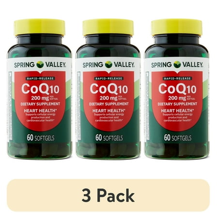 (3 pack) Spring Valley Rapid-Release CoQ10 Dietary Supplement Softgels for Heart Health, 200 mg, 60 Count