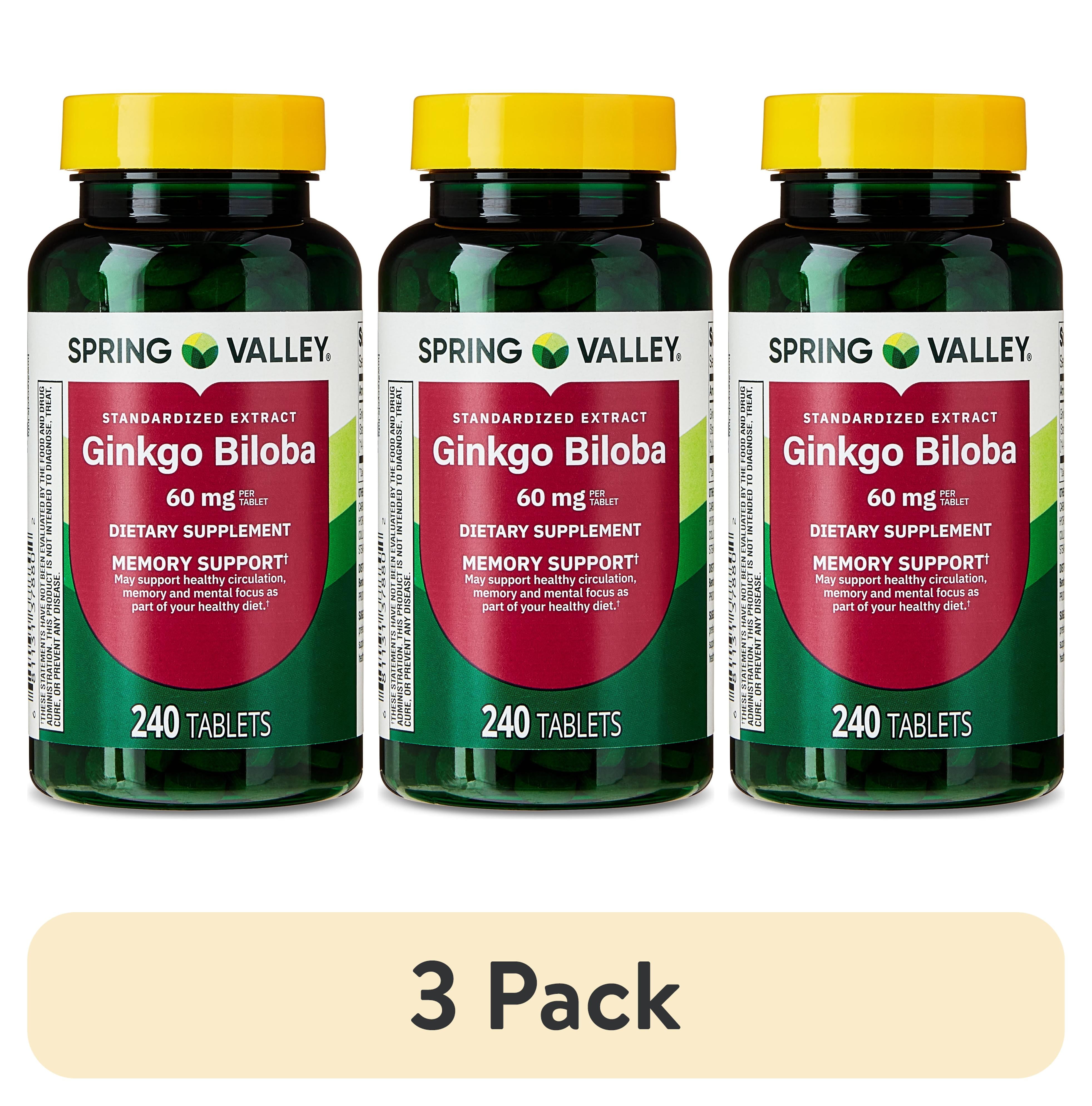 (3 pack) Spring Valley Standardized Extract Ginkgo Biloba Dietary Supplement Tablets for Memory Support, 60 mg, 240 Count