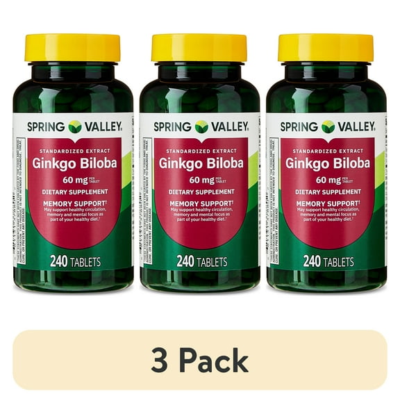 (3 pack) Spring Valley Standardized Extract Ginkgo Biloba Dietary Supplement Tablets for Memory Support, 60 mg, 240 Count