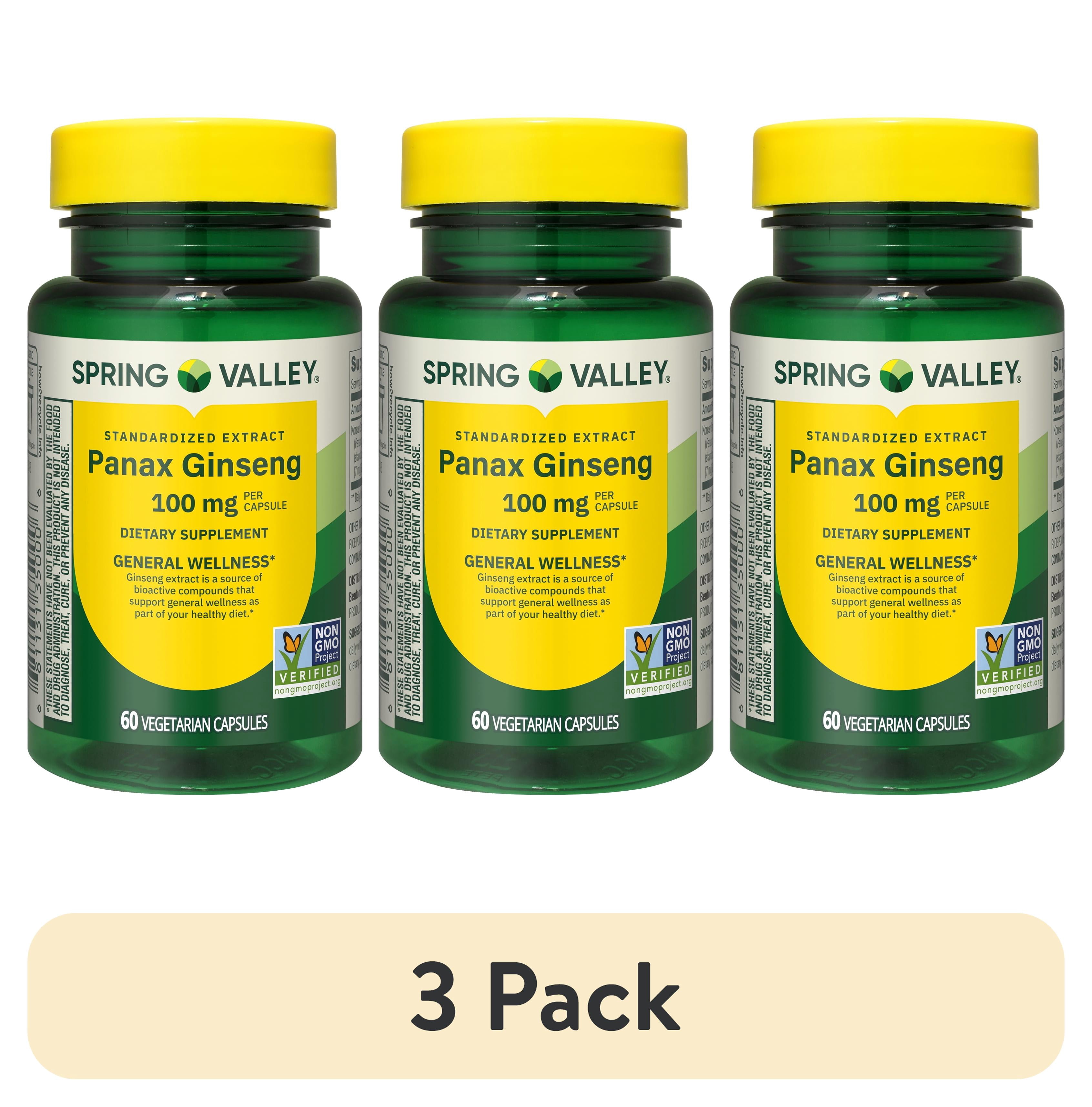 (3 pack) Spring Valley Standardized Extract Korean Panax Ginseng Dietary Supplement Vegetarian Capsules for General Wellness, 100 mg, 60 Count