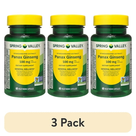 (3 pack) Spring Valley Standardized Extract Korean Panax Ginseng Dietary Supplement Vegetarian Capsules for General Wellness, 100 mg, 60 Count