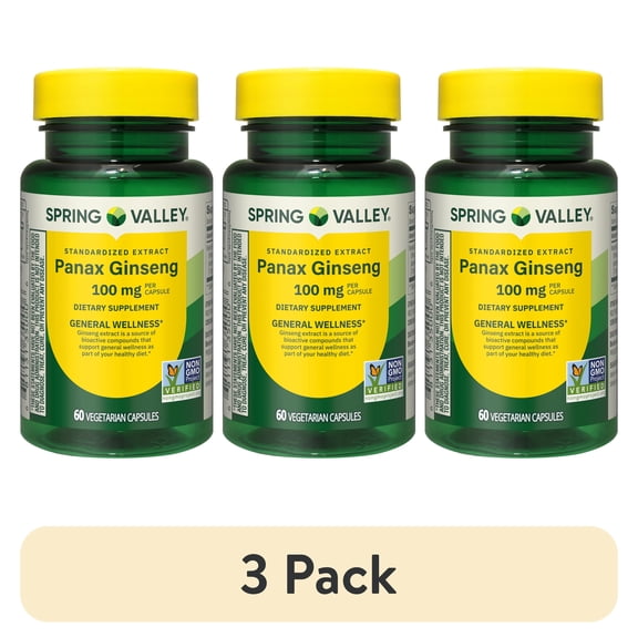 (3 pack) Spring Valley Standardized Extract Korean Panax Ginseng Dietary Supplement Vegetarian Capsules for General Wellness, 100 mg, 60 Count
