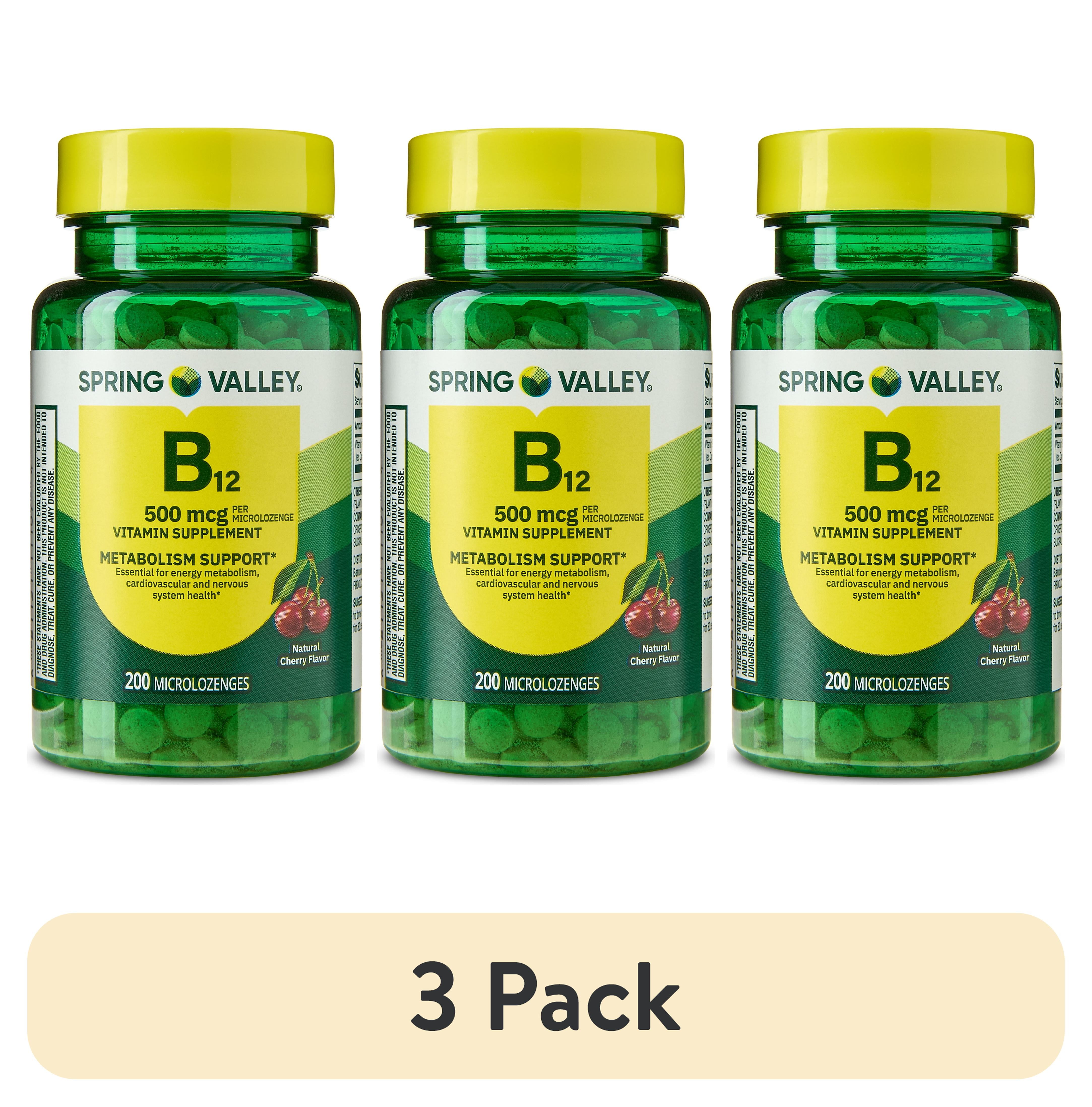 3 pack) Spring Valley Sublingual Vitamin B12 Supplement, Cherry Flavor, 500 mcg, 200 Count, Microlozenges for Metabolism Support - Walmart.com 3 pack) Spring Valley Sublingual Vitamin B12 Supplement, Cherry Flavor, 500 mcg, 200 Count, Microlozenges for Metabolism Support - Walmart.com