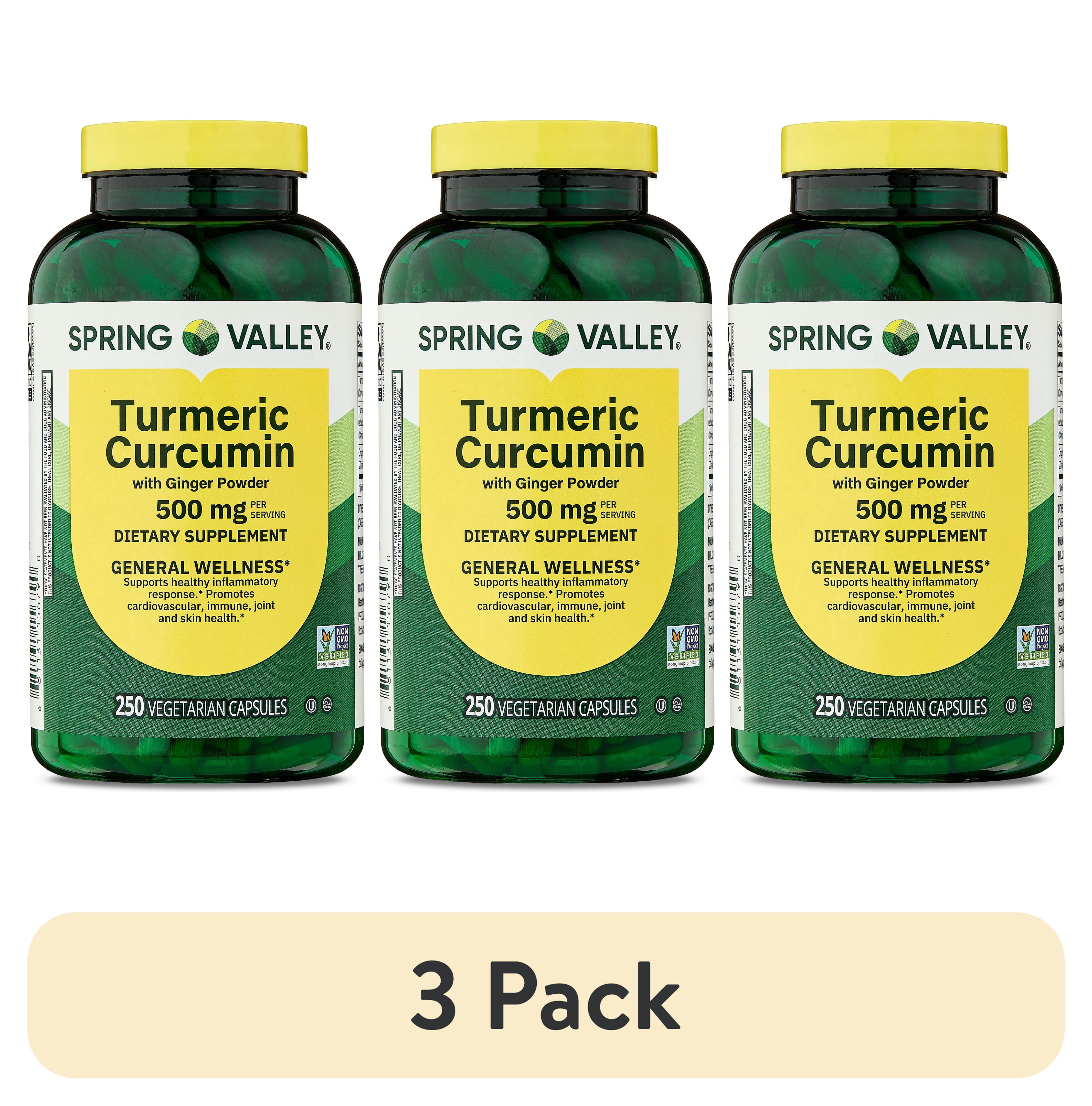 (3 pack) Spring Valley Turmeric Curcumin with Ginger Powder Dietary Supplement Vegetarian Capsules for General Wellness, 500 mg, 250 Count