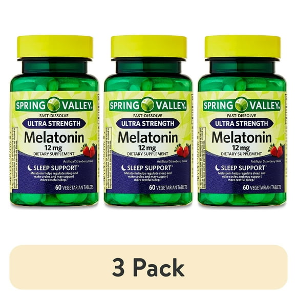 (3 pack) Spring Valley Ultra Strength Melatonin Sleep Support Dietary Supplement Fast-Dissolve Tablets, 12 mg, 60 Count