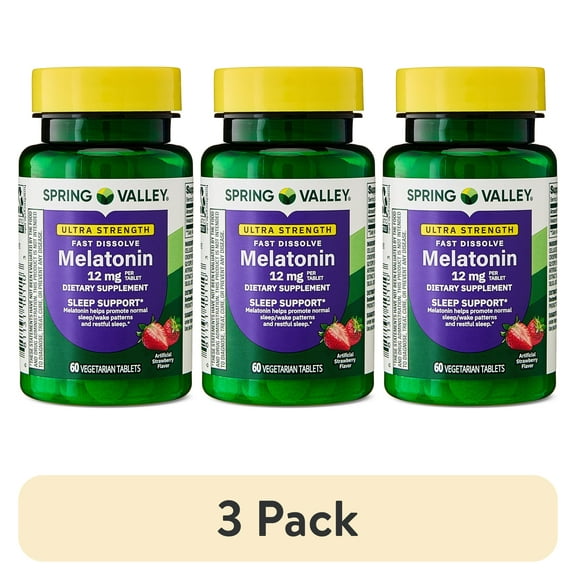 (3 pack) Spring Valley Ultra Strength Melatonin Sleep Support Dietary Supplement Fast-Dissolve Tablets, 12 mg, 60 Count