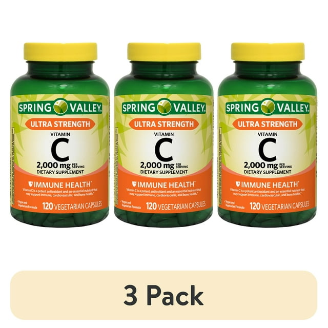(3 pack) Spring Valley Ultra Strength Vitamin C Dietary Supplement Capsules for Immune Health, 2,000 mg, 120 Count
