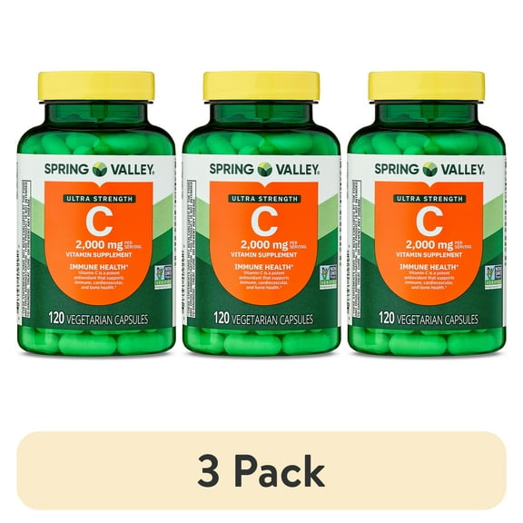 (3 pack) Spring Valley Ultra Strength Vitamin C, 2,000 mg, 120 Count, Dietary Supplement Capsules for Immune Health