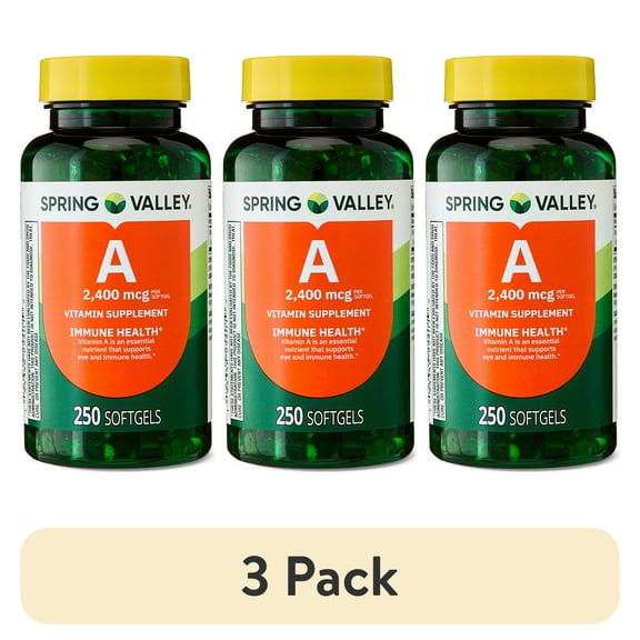 (3 pack) Spring Valley Vitamin A Supplement 2,400mcg Per Softgels, 250 Count