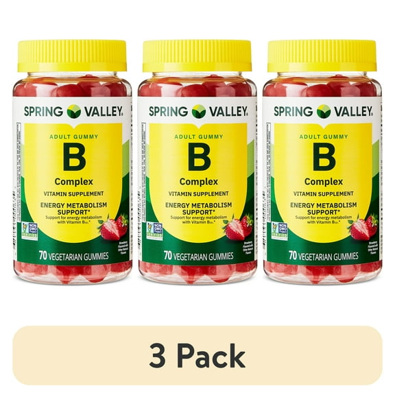 (3 pack) Spring Valley B Complex Vitamin Supplement Vegetarian Gummies for Energy Metabolism Support, Strawberry, 70 Count