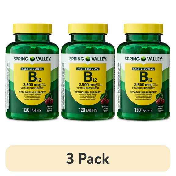 (3 pack) Spring Valley Vitamin B12 Supplement, 2500 mcg, Cherry, 120 Count, Quick-Dissolve Tablets