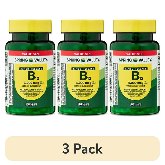 (3 pack) Spring Valley Vitamin B12 Supplement Timed-Release Tablets , 1000 mcg, 300 Count