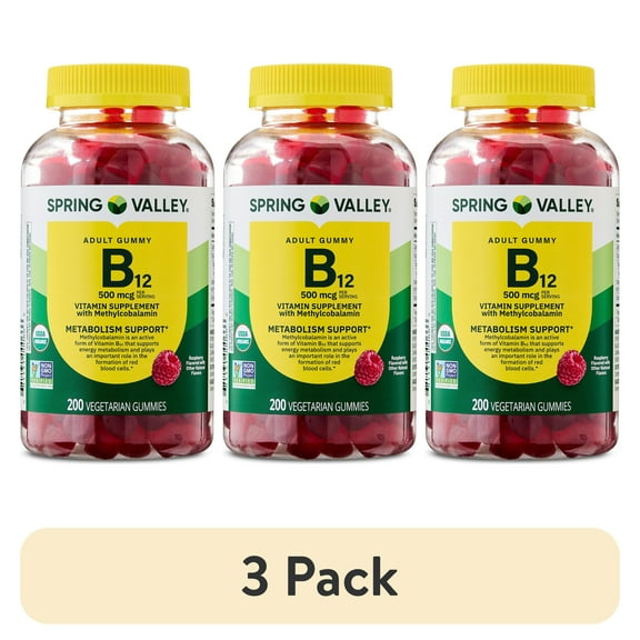 (3 pack) Spring Valley Vitamin B12 Supplement Vegetarian Gummies for Metabolism Support, Raspberry Flavor, 500 mcg, 200 Count