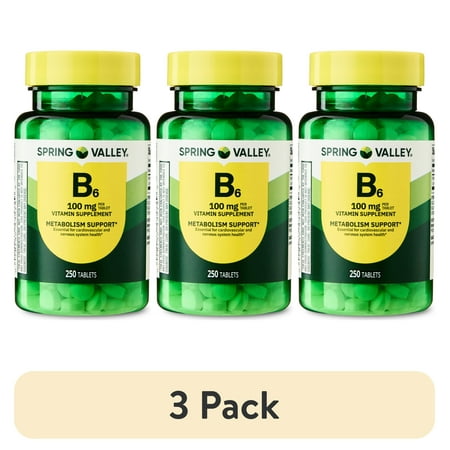 (3 pack) Spring Valley Vitamin B6 Supplement, 100 mg, 250 Count, Tablets for Metabolism Support