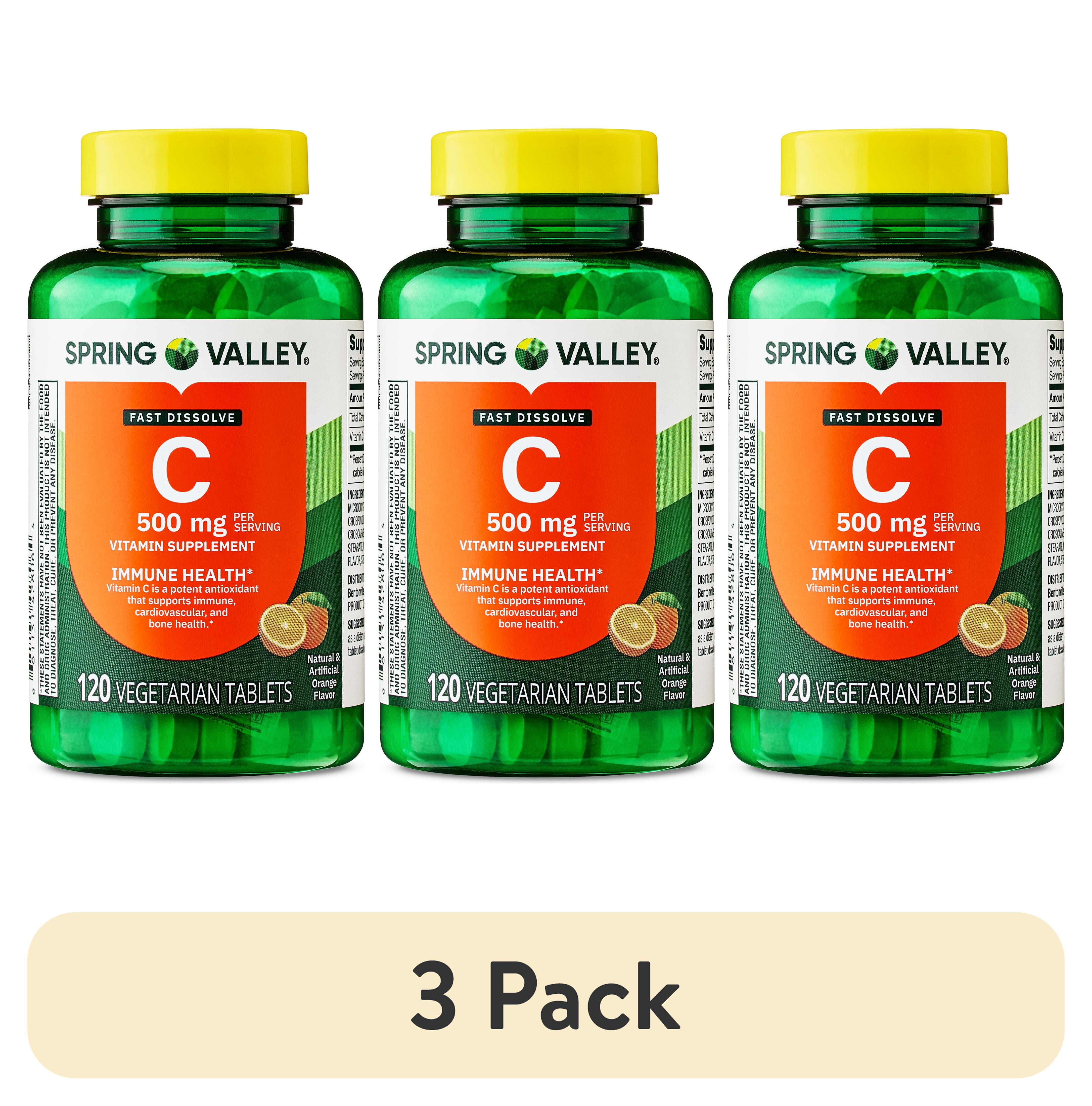 (3 pack) Spring Valley Vitamin C Dietary Supplement, Orange Flavor, 500 mg, 120 Count, Fast Dissolve Tablets for Immune Health