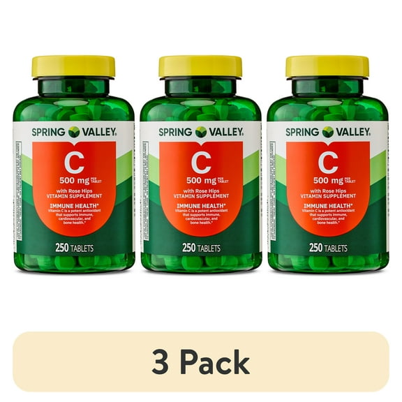 (3 pack) Spring Valley Vitamin C with Rose Hips, 500 mg, 250 Count,  Dietary Supplement Tablets for Immune Health