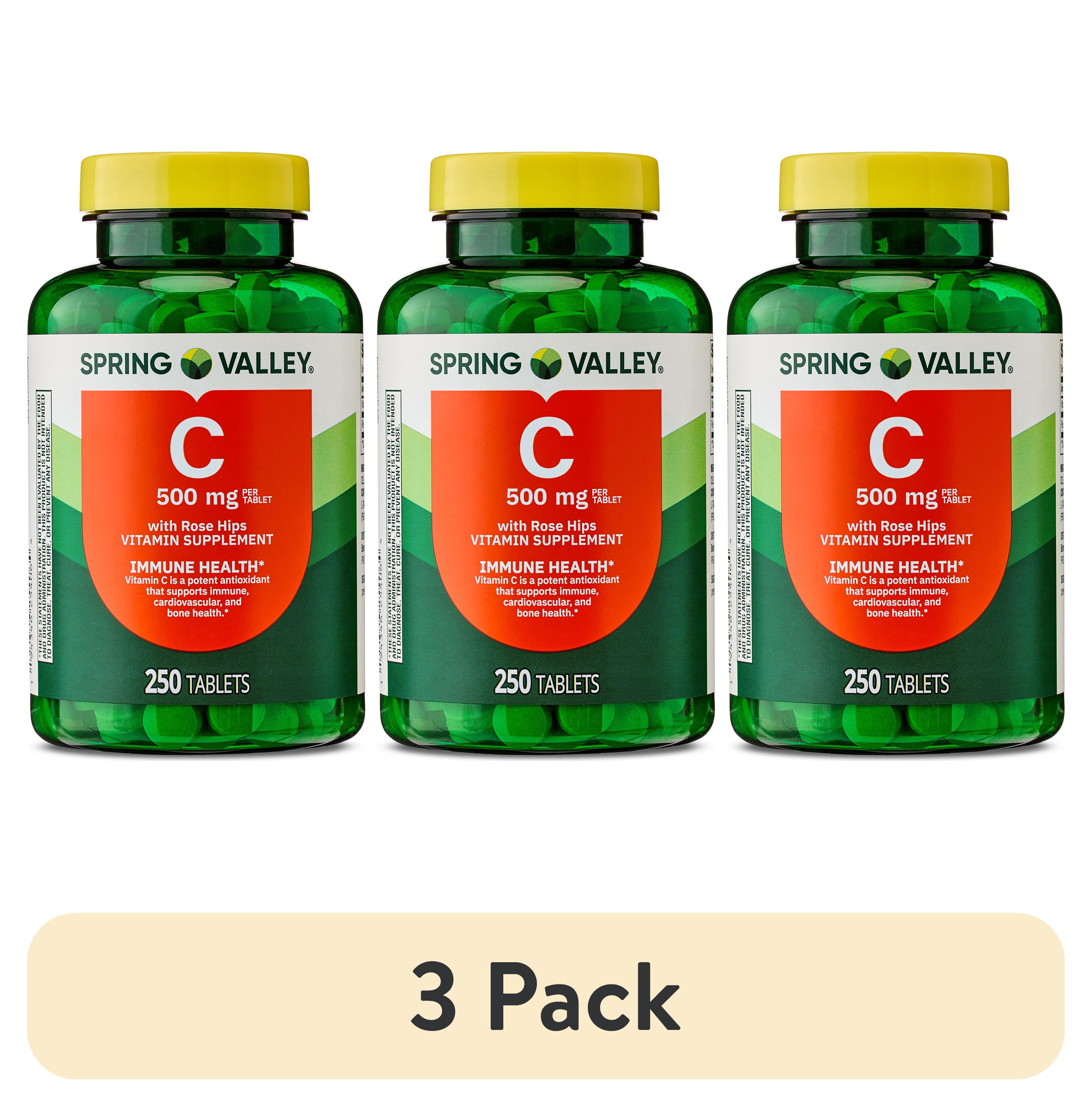 (3 pack) Spring Valley Vitamin C with Rose Hips, 500 mg, 250 Count,  Dietary Supplement Tablets for Immune Health